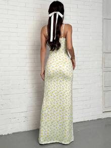 SHEIN EZwear Đầm hai dây xẻ tà họa tiết hoa nhí dành cho nữ, đầm vàng mùa hè cho phái nữ - Màu vàng - Xem 2
