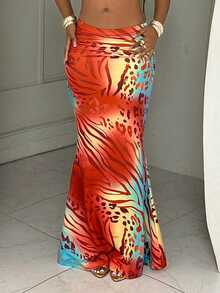 BamGleam Women's Vacation Printed Pattern Fitted Mermaid Skirt - Orange - View 4