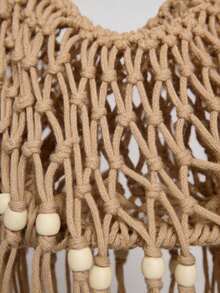 MUSERA Fringed Beaded Faux Leather Strap Crochet Bucket Bag Spring Summer Beach Swim Festival Vacation Cute Daily - Khaki - View 5