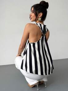 Firerie 女士优雅通勤OL音乐节海滩度假嘉年华条纹露背上衣，V领条纹吊带背心，百搭夏季单品。女士假日装，黑白斜条纹，母亲节礼物，春夏必备，海滩休闲，外出上衣 - 黑與白 - 查看 4
