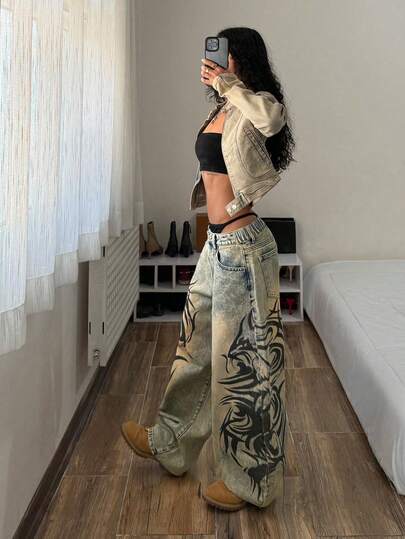 StreetHx Quần jeans ống loe cỡ lớn in họa tiết cổ điển retro