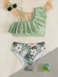 Swim Lushoire Bộ đồ bơi 2 mảnh mùa hè dành cho nữ, kiểu dáng thoải mái, cổ yếm, hai lớp bèo nhún, màu trơn và quần bơi cạp cao họa tiết nhiệt đới ngẫu nhiên. - Nhiều màu - Xem 3