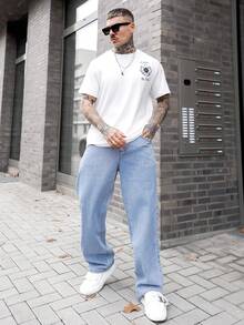 Artur Kramer 寬鬆版型男士棉質牛仔褲，斜口口袋喇叭口長褲冲浪滑板褲貨運褲平口淺藍色休閒日出遊Y2K風格喜劇之友 - 淺色水洗藍 - 查看 1