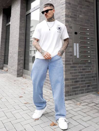 Artur Kramer 寬鬆版型男士棉質牛仔褲，斜口口袋喇叭口長褲冲浪滑板褲貨運褲平口淺藍色休閒日出遊Y2K風格喜劇之友