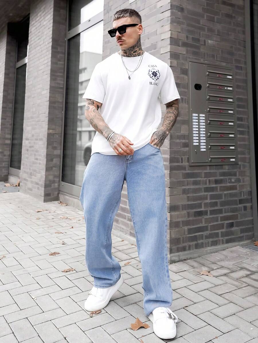 Artur Kramer 寬鬆版型男士棉質牛仔褲，斜口口袋喇叭口長褲冲浪滑板褲貨運褲平口淺藍色休閒日出遊Y2K風格喜劇之友 - 淺色水洗藍 - 查看 1