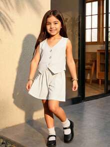 2-Piece Girls' Outfit:Apricot Striped Sleeveless Top,Button-Front Vest & Shorts Set For Summer,7th Birthday,Daily,Formal Event Back-To-School Clothes - Apricot - View 9