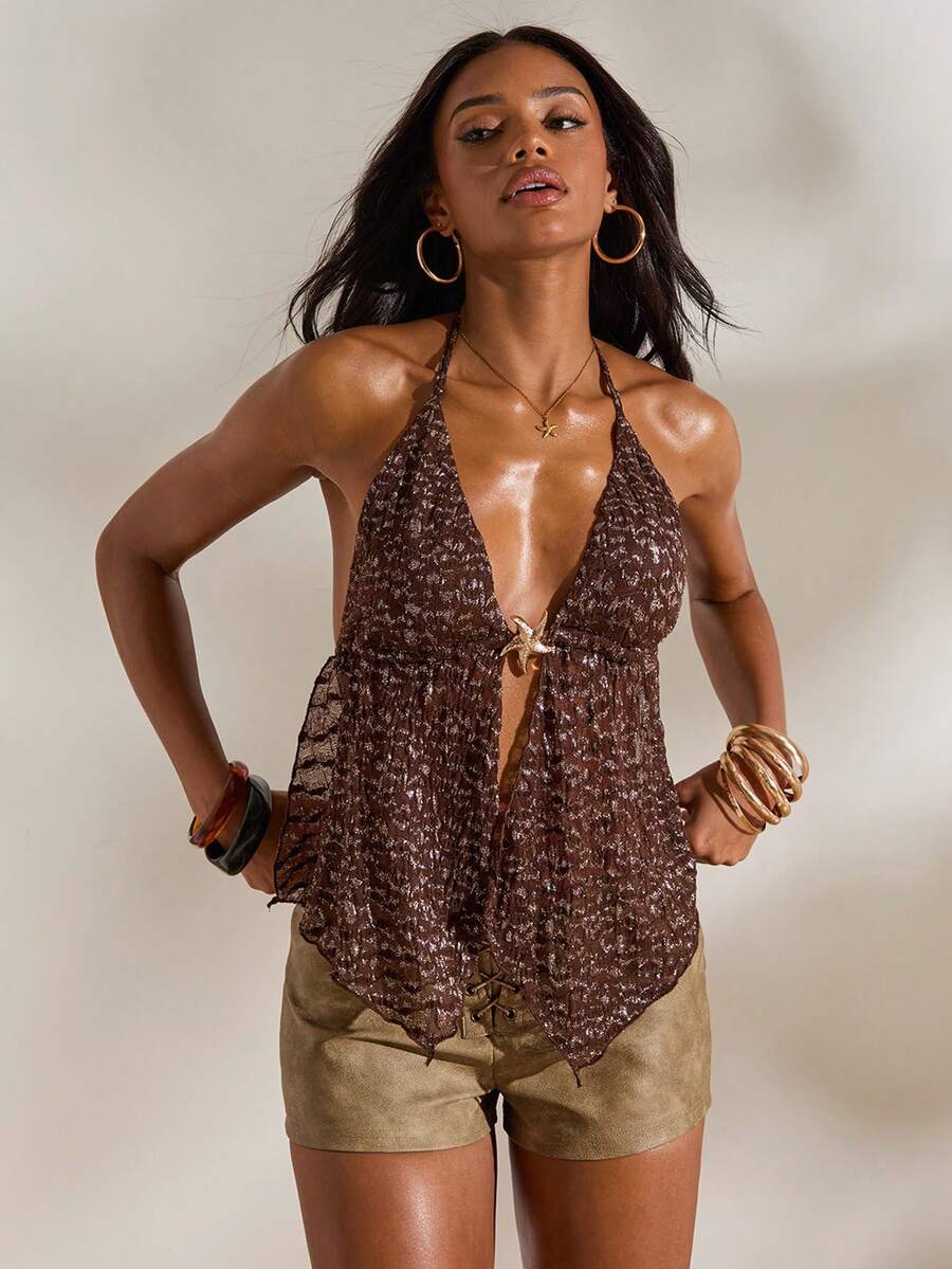 Opulessa Women's Vacation Beach Backless Halter Sparkle Top - Brown - View 1
