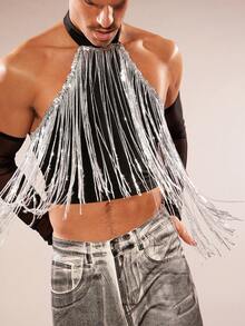 FeverCity Men's Halter Backless Fringe Design Sexy Versatile T-Shirt - Black - View 3