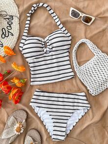 SHEIN Teen Girls' Black & White Striped Textured Halter Tankini Top, Suitable For Swimming, Vacation, Beach Wear, Children's Swimwear Set, Summer Holiday - Black and White - View 4