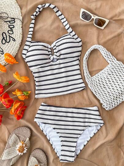 SHEIN 少女黑白条纹纹理吊带背心式泳衣上装，适合游泳、度假、沙滩穿着，儿童泳装套装，夏季假期