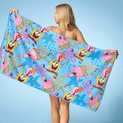 SpongeBob SquarePants | SHEIN 1pc Cartoon Sponge, Patrick Star Printed Bath Towel, Beach Towel, Can Be Used On The Beach, Swimming Towel