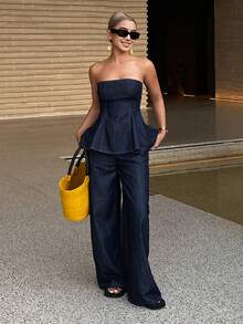 DAZY Conjunto casual de verano con top de corpiño con bajo en línea A y jeans rectos holgados - Azul lavado oscuro - Ver 3