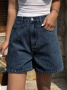 Dazy Tall Pantalones cortos vaqueros casuales y holgados de talle alto y longitud hasta la rodilla para mujeres de talla grande - Azul lavado medio - Ver 2