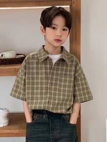 DAZY Áo sơ mi ngắn tay kẻ caro dáng casual cho bé trai tuổi teen, mùa hè. - Màu Khaki - Xem 10