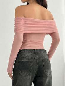 SHEIN EZwear 女士休闲纯色荷叶边露肩长袖网纱连体衣，浅粉色，春夏款 - 淺粉色 - 查看 2
