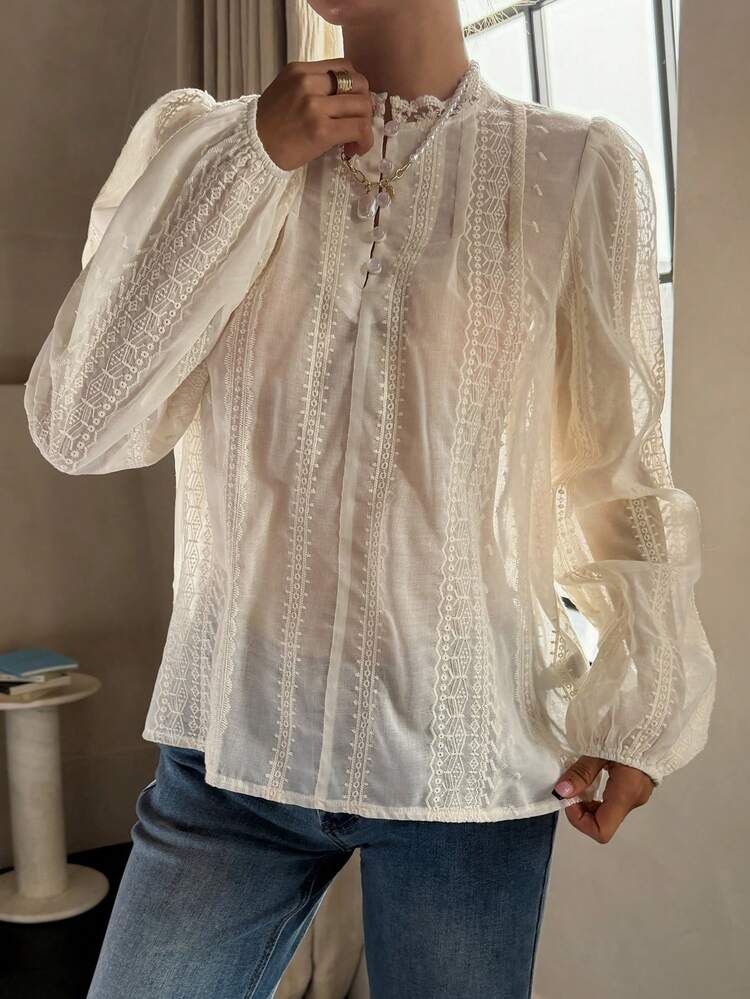 Jacquard Fabric Splice Ruffle Petal Sleeve Loose Casual Vacation Summer Top, Women Blouse