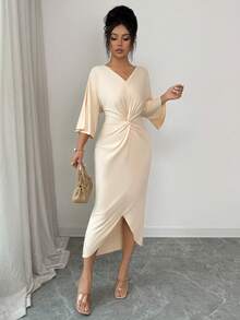 SHEIN PETITE Women's Casual V-Neck Twist Knot Slit Batwing Sleeve Cinched Waist Bodycon Dress - Apricot - View 3