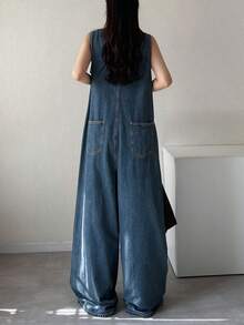 FRIFUL Bộ áo liền quần denim ống rộng hai túi phía trước dành cho nữ - Màu xanh lam - Xem 7