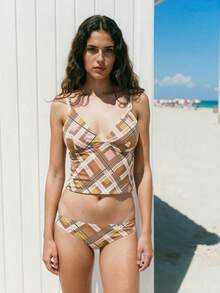 Maija Women's Spaghetti Strap Sleeveless Plaid Casual Beach Swimsuit Set - Multicolor - View 1