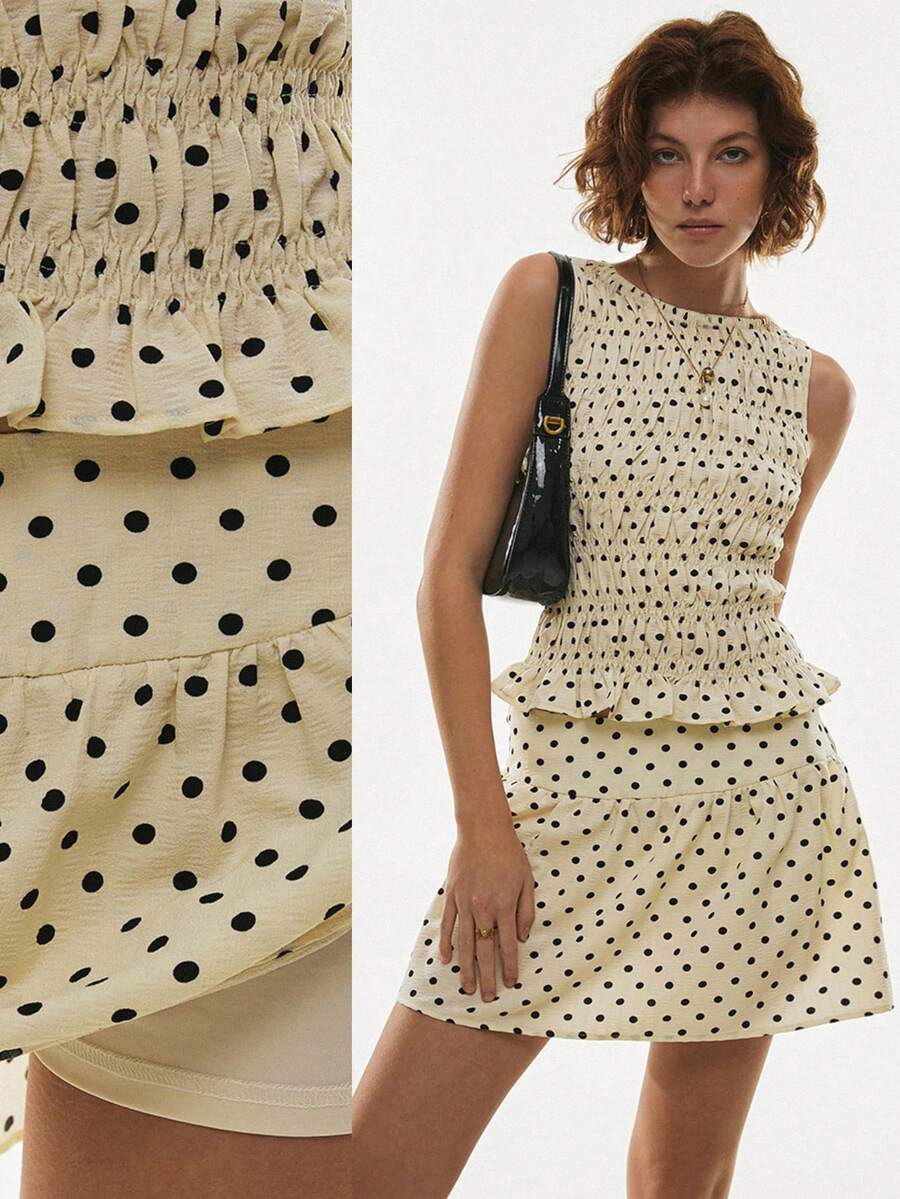 Poéselle Women's 2ps Retro Polka-Dot Smocked Peplum Tank & A-Line Mini Skirt Co-Ord Set – Playful Summer Brunch & Vacation Look Polka Dot Two Piece Set, Smocked Top, Mini Skirt Outfit, Summer Co-Ord, Retro Polka Style, Vacation Matching Set, Playful Brunch Look Polka Dot Print Pleated Sleeveless Top And Skort Casual Suit Women's Summer Set  Beach Set Vacation Outfits Women Polka Dot Set - Apricot - View 1