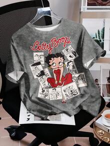 Betty Boop x SHEIN 女士休闲字母卡通图案圆领短袖T恤，夏季 - 白色 - 查看 3