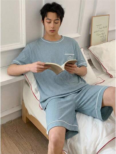 两件套青少年时尚罗纹柔软舒适休闲短袖家居服套装