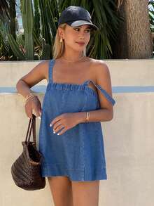 Livesso 女士宽松休闲牛仔吊带背心，适合度假穿着 - 中等水洗藍 - 查看 4