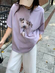 DAZY 女士休闲狗狗印花短袖T恤，夏季 - 紫色 - 查看 5