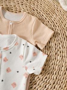 SHEIN 4 Stücke Neugeborenen Unisex Outfit, Sommer Baby Bär Herz Muster + einfarbiger Romper und Mütze mit Bärenohren Set - Verschiedenfarbig - Übersicht 7