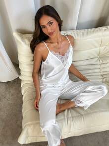 Aloruh Contrast Lace Cami Top & Pants PJ Set / Pajama Set White Set - White - View 4