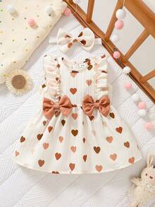 SHEIN Everyday Casual Newborn Baby Girl Sleeveless Dress With Geometric Heart Pattern And Ruffle Detail Flared Hem - Multicolor - View 3