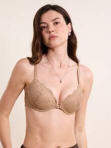 Hourtrue 蜜桃女孩咖啡棕色性感蕾丝前扣文胸，女士薄杯舒适透气提拉钢圈文胸 - 咖啡棕 - 查看 5