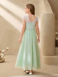 Girls' Lace Patchwork Chiffon Flower Girl Long Dress, Waist Cinched, Suitable For Weddings, Parties, Birthdays, Banquets, All Seasons Junior Bridesmaid Dress Teen Girls Elegant Dress Pastel Colour Dress For Tween Girls Tween Girls Elegant Bridesmaid Lace Long Dresses For Tweens Elegant Dresses For Girls Girls Lace Dress Prom Dress For Tweens Kids Formal Dress Prom Dress For Kids Girls Formal Dress Dresses For 12 Yrs Old Tween Formal Dress - Green - View 2