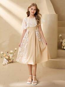 少女花卉刺绣网纱拼接优雅圆领连衣裙 - 棕色 - 查看 3