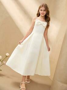 Tween Girl Solid Color Bow Decor Elegant Camisole Party Dress Elegant Dresses For Girls Flowergirl Dress - Champagne - View 6