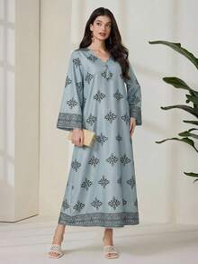 Al Najma 女士优雅度假风印花V领流苏装饰喇叭袖宽松阿拉伯连衣裙，春秋季 - 綠色 - 查看 4