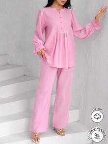 Modelyn 2pcs/Set V-Neck Button Front Cotton Shirt And Elongated Pants Pink Linen Mothers Day - Pink - View 7