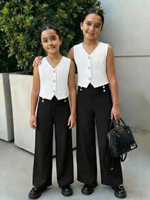SHEIN 2pcs/Set Tween GirlsColorblock Fashion Set, Colorblock Button Design - Black - View 5