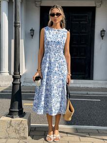 Pariaura 女士春夏新款优雅复古蓝白瓷纹无袖连衣裙 – 圆领收腰开衩中长连衣裙，优雅修身垂褶法式茶歇裙，适合春夏穿着 - 藍色 - 查看 5