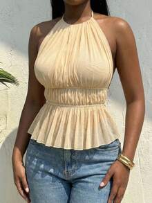 SHEIN SXY Áo croptop hở lưng gợi cảm màu trắng ngà dành cho nữ, chất liệu vải lưới, xếp ly, thời trang, thanh lịch, quyến rũ, thích hợp cho ngày Valentine, dự đám cưới, phong cách vintage, dự tiệc, đi chơi. - Màu be - Xem 12