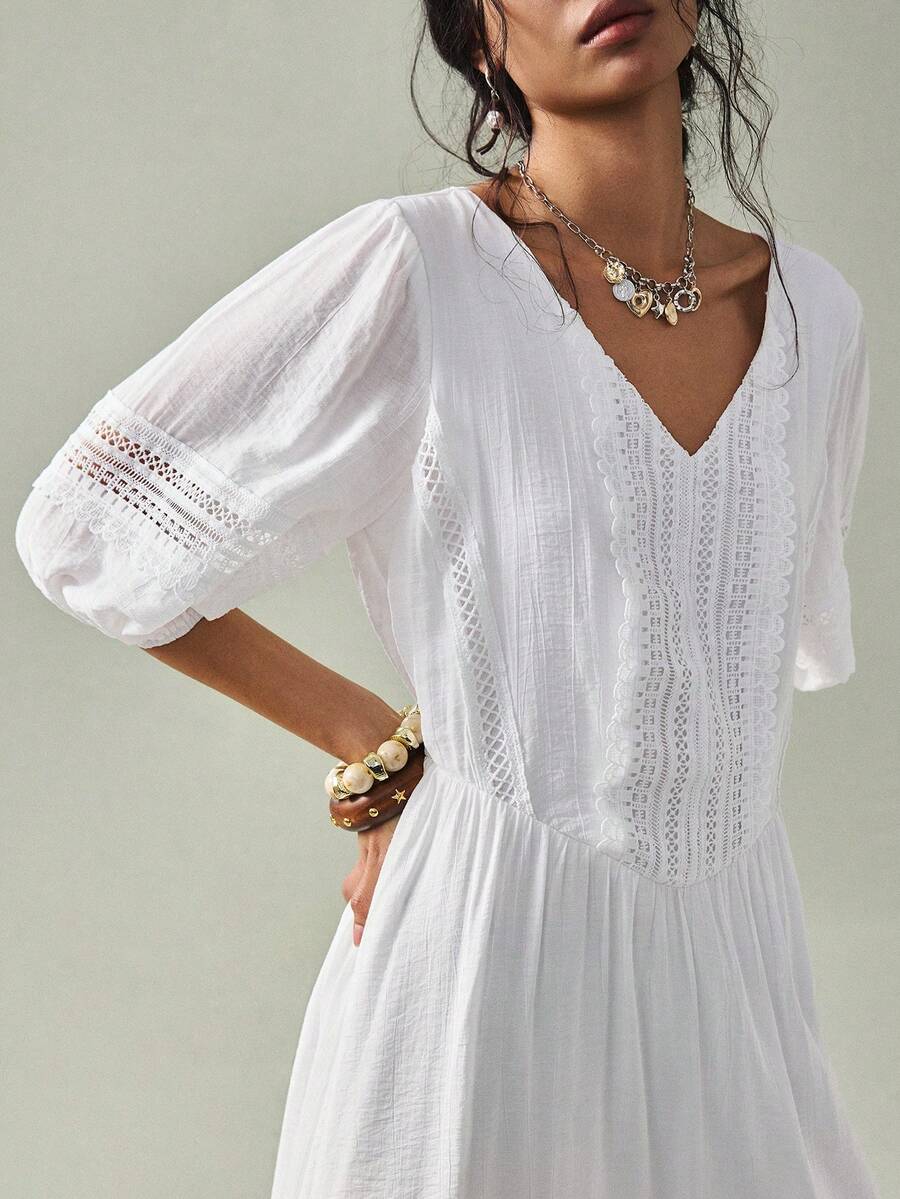 SoleilVie Đầm nữ dáng lửng phong cách Bohemian, chất liệu vải dệt trơn phối ren, cổ chữ V sâu, viền ren đối xứng, tay dài phồng với cổ tay bo chun, eo co giãn điều chỉnh được. Thích hợp cho phong cách Bohemian, thường ngày, đi nghỉ mát và mặc hàng ngày. - trắng - Xem 1