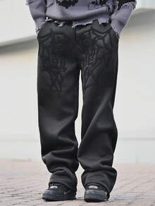 Devon Thys 男士街头风流行 INS 配色蜘蛛网和心形刺绣运动裤，宽松版型，粉色，送给男朋友/丈夫、周年纪念的理想礼物 - 黑色 - 查看 6