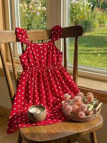 SHEIN Vestido casual con cuello cuadrado, volantes en el bajo y estampado de lunares para niña - Blanco - Ver 5