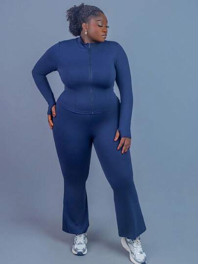 CurvyTilda 大码休闲轻便瑜伽夹克和喇叭裤两件套大码两件套裤装女式海军蓝女式长袖裤套装海军蓝大码裤装，女士秋季服装