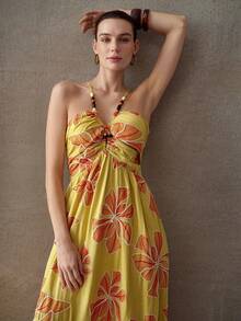 MOTF PREMIUM LINEN DRESS WITH 3D EMBROIDERY AND BEADING, BELLFLOWER FRENCH TEA DRESS - Yellow - View 5