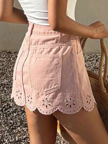 DAZY 女士夏季蕾丝边休闲迷你牛仔裙，粉色 - 粉色 - 查看 4