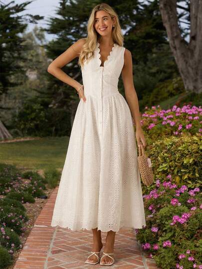 Enchnt Spring/Summer Romantic Women's Fashion White Shell Edge Sleeveless Embroidery Pattern Maxi Dress,Sweet&Elegant For Vacation&Date&Holiday&Party&Graduation&Wedding Guest&Beach,Prom Dress,Summer Dresses For Women,Sun Dresses For Women,Summer Clothes, ,Elegant Dresses For Party Business Casual Woman