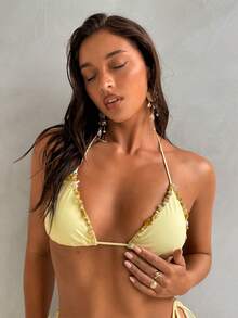 Aloruh 女士连体比基尼，春夏新款泳装，纯色浅黄色三角罩杯比基尼上衣，串珠波西米亚风装饰，适合音乐节等场合的女士泳装，女士泳衣，女士沙滩装，女士比基尼，女士比基尼上衣，黄色串珠比基尼，贝壳比基尼，三角比基尼，女士泳装上衣，女士沙滩装，女士沙滩度假装 - 黃色 - 查看 4