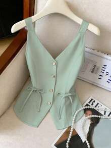 Elenzga Nuevo Llegada para el Día de San Valentín 2025 Blusa de Tirantes con Cuello en V Profundo, Cintura Ceñida y Lazo para Mujer, Primavera/Verano - verde menta - Ver 8