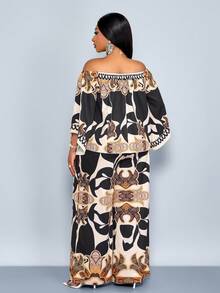 SOLERSUN 女士两件套加大码印花度假休闲春夏露肩上衣和阔腿裤 - 杏色 - 查看 5